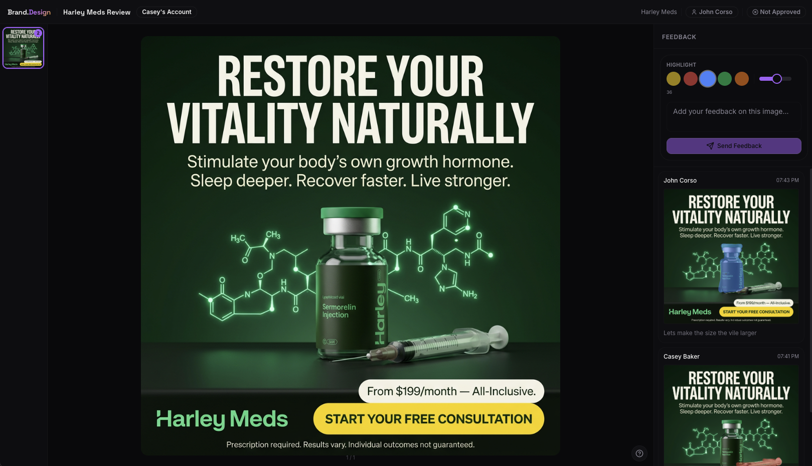 Brand.Design collaborative review link — client feedback with color highlights and threaded comments