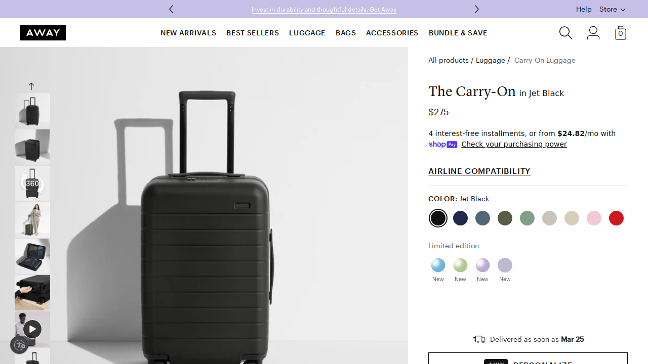 Away product page — awaytravel.com/products/carry-on-jet-black