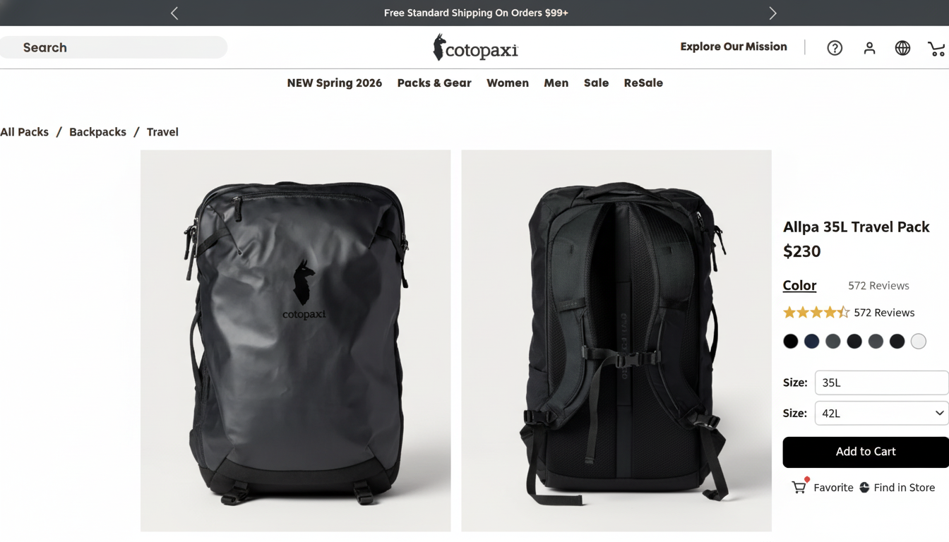 Cotopaxi product page — cotopaxi.com/products/allpa-35l-travel-pack