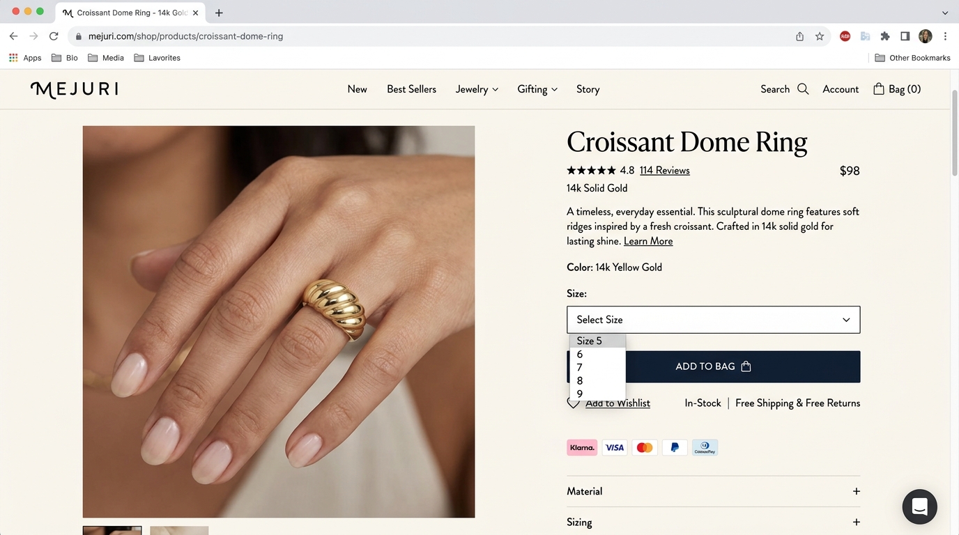 Mejuri product page — mejuri.com/shop/products/croissant-dome-ring